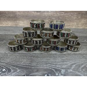 Vintage Silver Plated Napkin Rings with Handcrafted Stone Work ~Set of 14